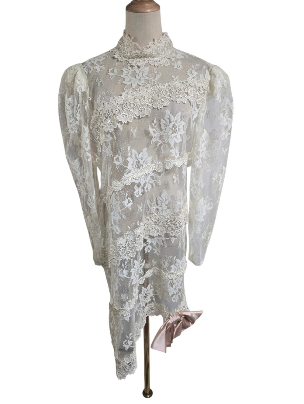 Vintage  Ivory Lace Victorian High-Neck Sheer Dress